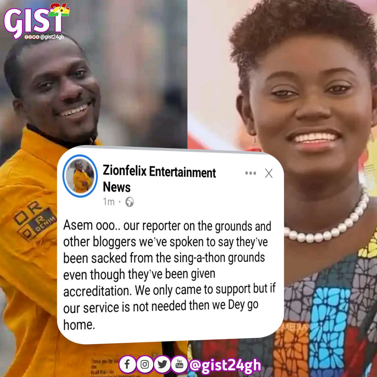 gist24gh's tweet photo. Ghanaian celebrity blogger Zionfelix explains how Afua Asantewaa's team removed his reporters from the Singer-Thon event, currently taking place at Akwaaba Village in Accra.
#AfuaAsantewaaSingathon #zionfelix #gist24gh https://t.co/7ZMZWzkxbo