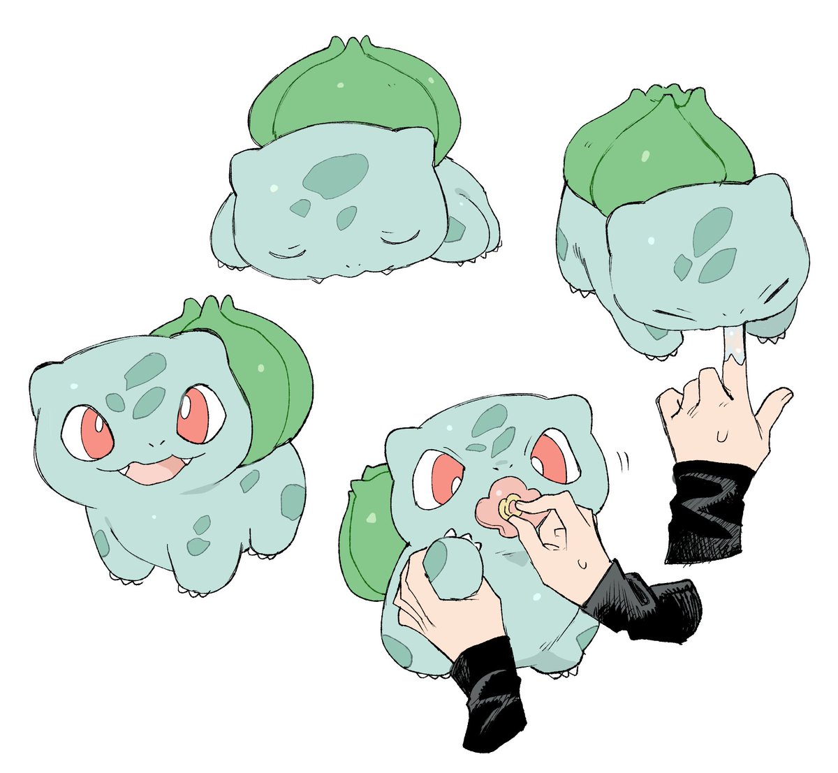 bulbasaur pokemon (creature) white background red eyes fangs multiple views holding open mouth  illustration images