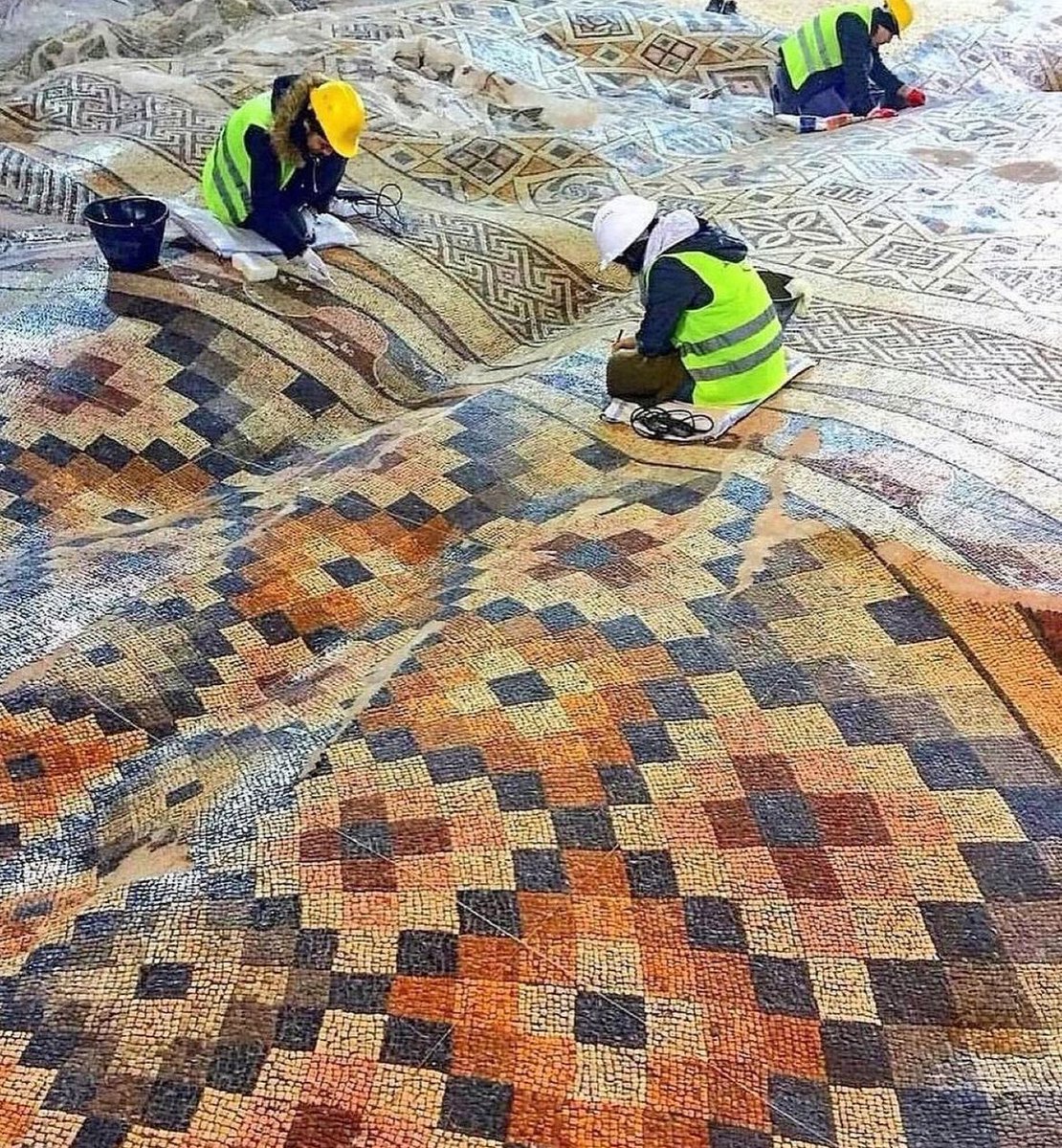 The largest intact Roman mosaic floor discovered in Turkey, dating back to the sixth century, is a remarkable find. The mosaic, found in Antakya, covers an impressive 1200 square meters and features unique geometric shapes and non-repeating figures, likely designed for a public