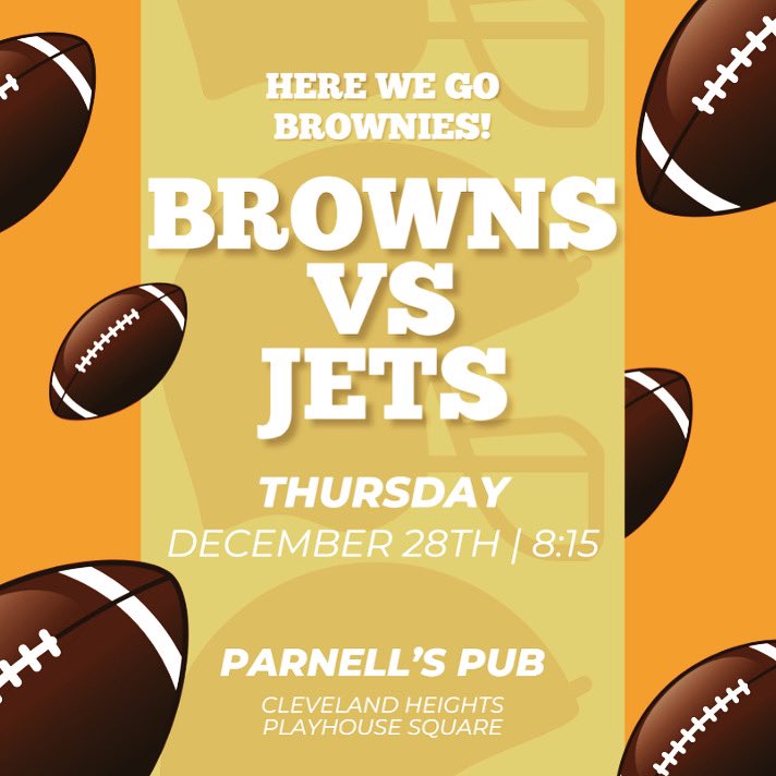 🏈🍻 Time to watch our Cleveland Browns show the Jets how to fly!  Join us at Parnell's Pub for some gridiron action, pints, and questionable team spirit 🎉 #BrownsVsJets #PintsAndTouchdowns #SuperbowlBaby #HereWeGoBrownies