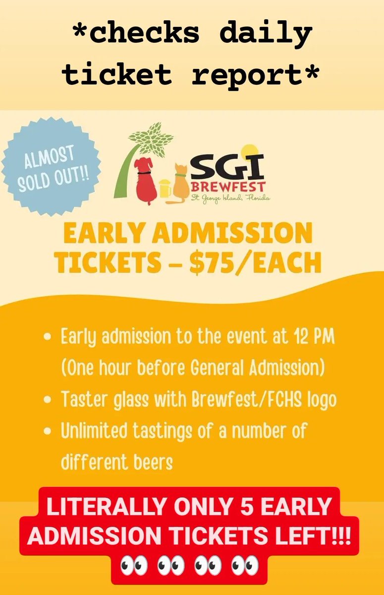 sgibrewfest's tweet photo. Oh, my ... that escalated QUICKLY! 👀

Don't delay - grab your SGI Brewfest tickets today! Pretty soon, only thing left will be GA &amp; Designated Driver tix!

And just a reminder: Unlike other beer fests, we do not sell any tickets at the door. Like, 0. Never have, never will! 

1/ https://t.co/6Fi99cHIeC