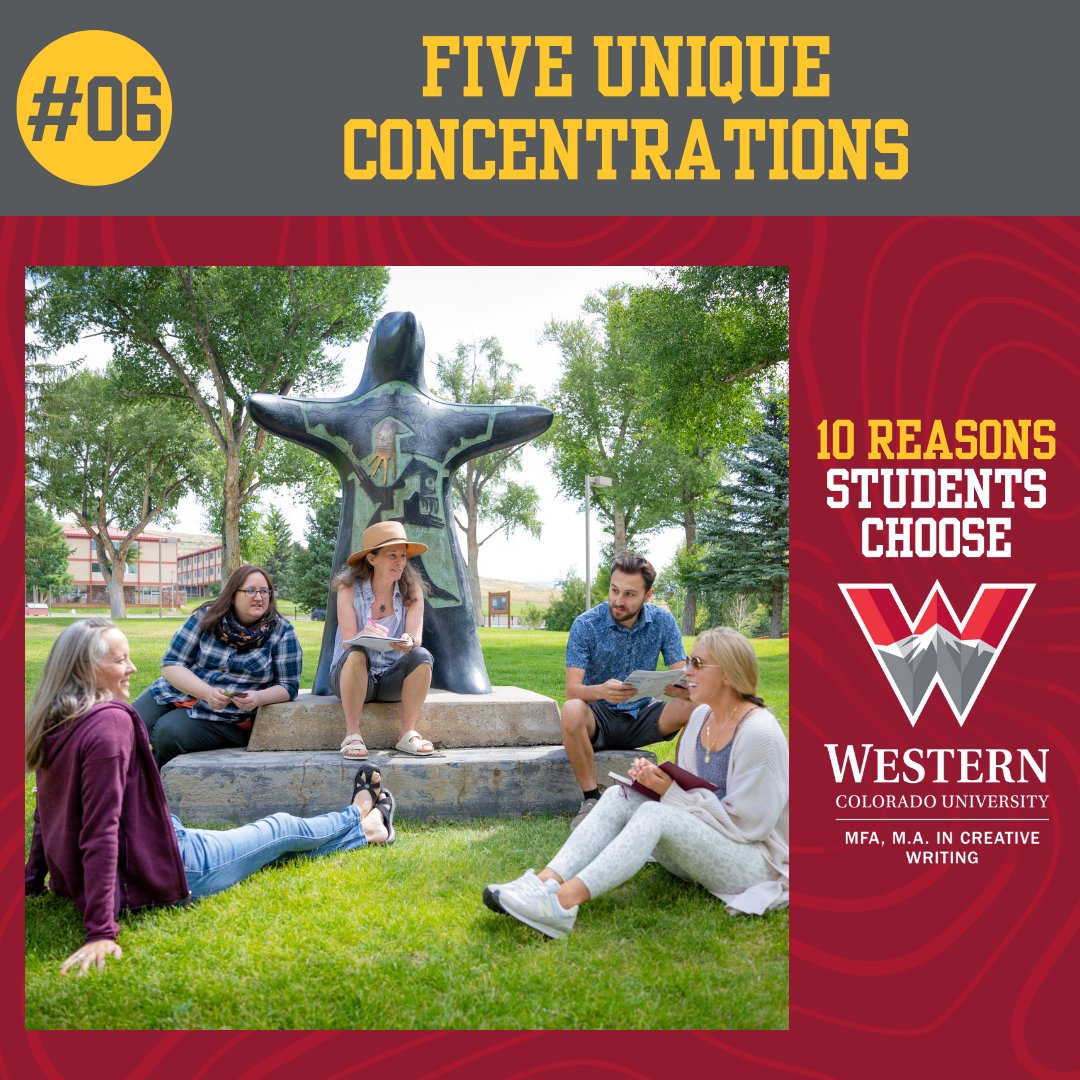 It's #Top10Tuesday!

#06: 5 Unique Concentrations - We offer five fields of study: #GenreFiction, #NatureWriting, #Poetry, #Publishing, and #Screenwriting. 
Learn more: Western.edu/MFA 
#WesternGPCW #amwriting #writingcommunity #writing #writerscommunity #creativewriting