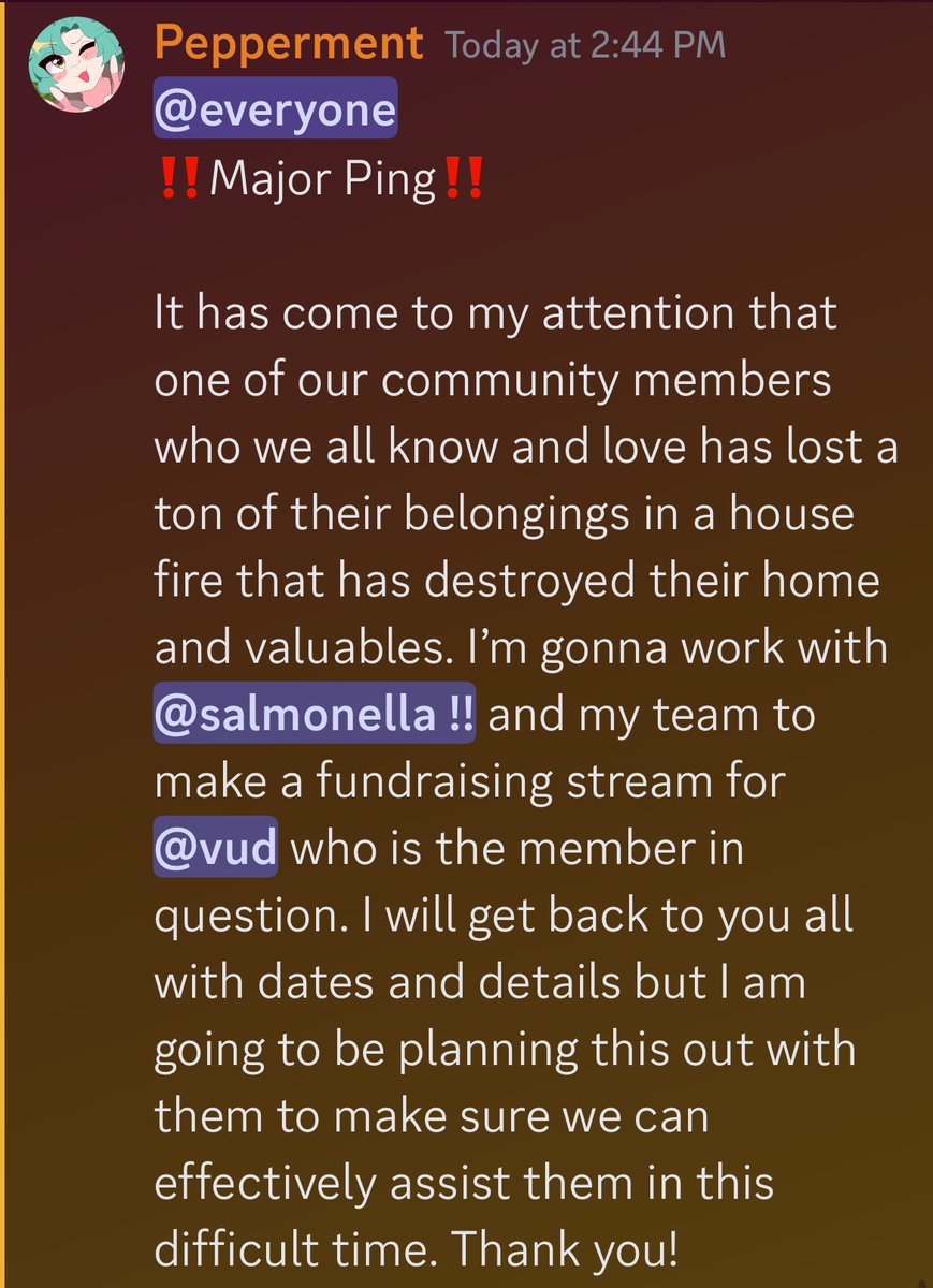 Coolmentions's tweet photo. I’ve made this ping in my discord already, and I would never ask for donations unless it was 100% needed. Please keep your eyes and hearts open this season as we reach out to @vudthebest and try to help their family this season. Their house has been devastated in a fire. https://t.co/UeBKcTxj7Y