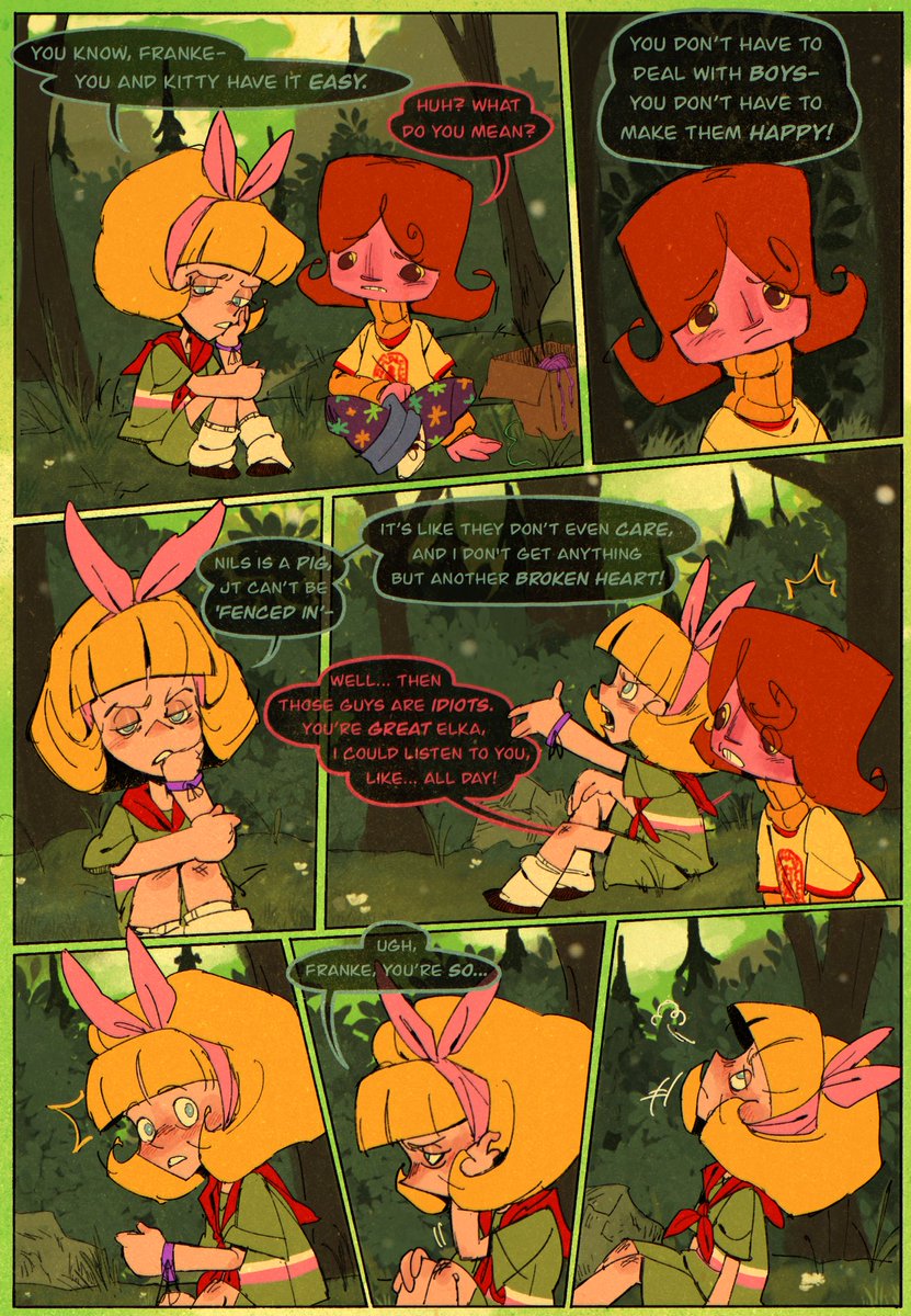 page 1 of a comic i did for a psychonauts secret santa where the prompt was `elka realizes she likes girls (she deserves better than nils)' and uhhhhhhhh . i got a liddle carried away 
