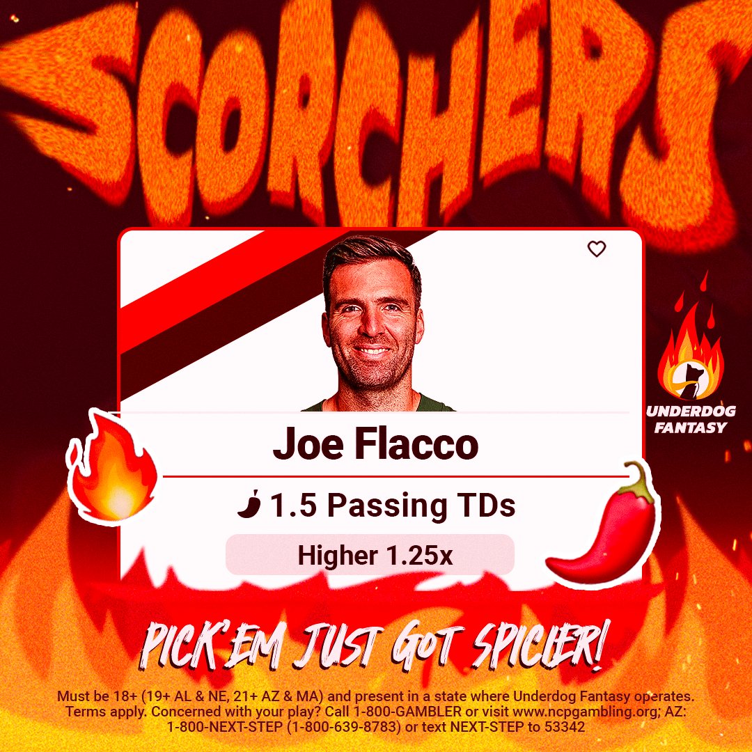 Underdog's tweet photo. Joe Flacco revenge game 👿

Add his 1.5 Passing TDs Scorcher to your entry to 1.25x your payout 🔥 https://t.co/7aZb7fi4PT