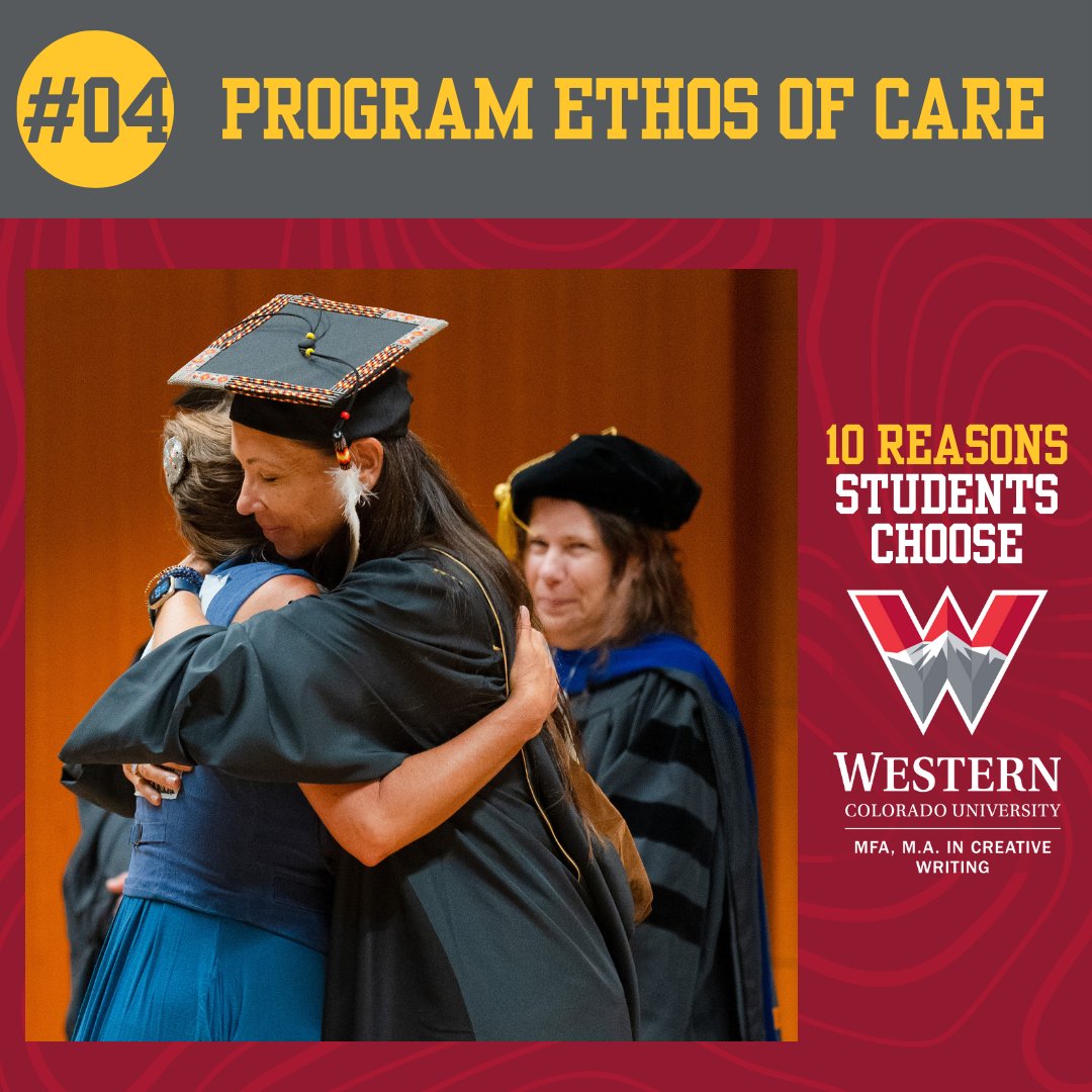 It's #Top10Tuesday!

#04: Program Ethos of Care - We are committed to diversity, equity, and inclusivity, and we pride ourselves on being accessible and welcoming of all.
Learn more : Western.edu/MFA
#WesternGPCW #amwriting #writingcommunity #writing #writerscommunity