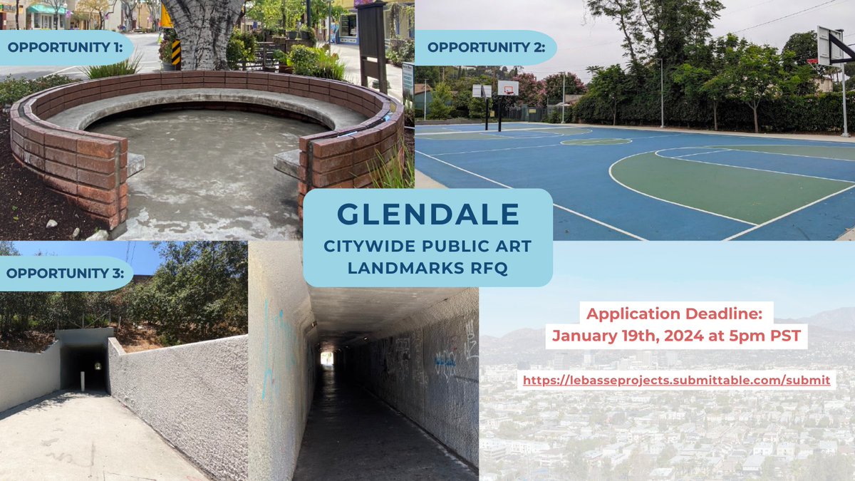 myglendaleLAC's tweet image. Reminder for artists and artists teams to apply for the Public Art Landmarks RFQ for the City of Glendale. The application deadline is January 19, 2023, at 5:00 pm PST.

Applications will be received via Submittable at lebasseprojects.submittable.com/submit

#publicart #artistopportunity