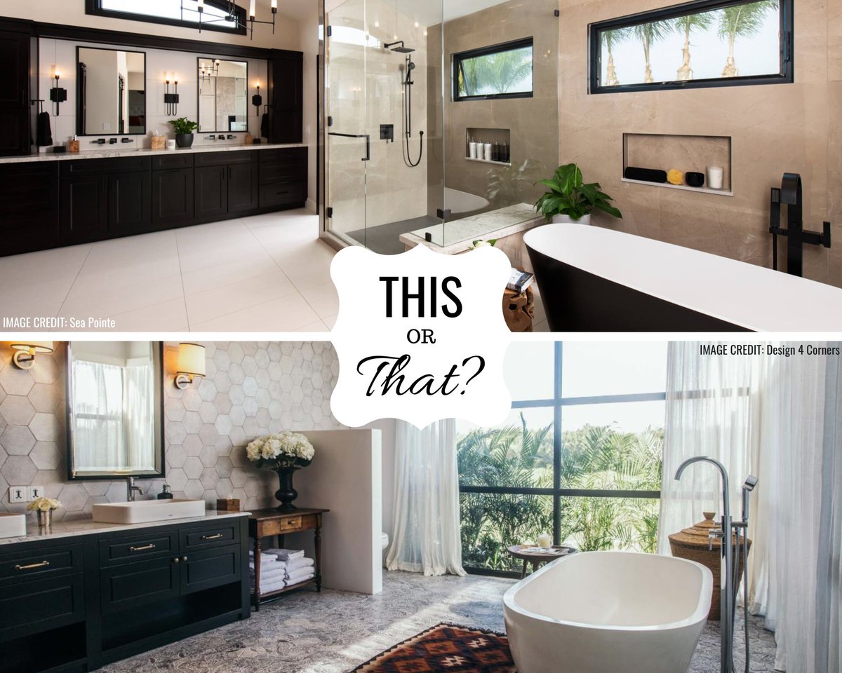 Unplug and pamper yourself! Spa-like bathrooms are where it's at for 2024! Which do you prefer? ⬆️𝗧𝗛𝗜𝗦 or 𝒯𝒽𝒶𝓉⬇️? #thisorthat #spalikebathroom