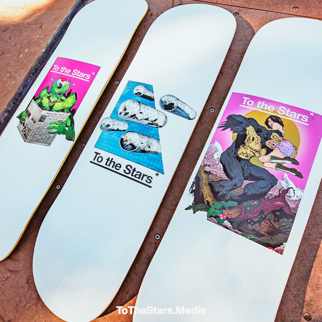Three new skate decks have dropped in the shop! Each 8.25' deck features an original TTS* comic design from our collaboration with artist Thomas Tenney. Great for skating, great for hanging. Out now. tothestars.media