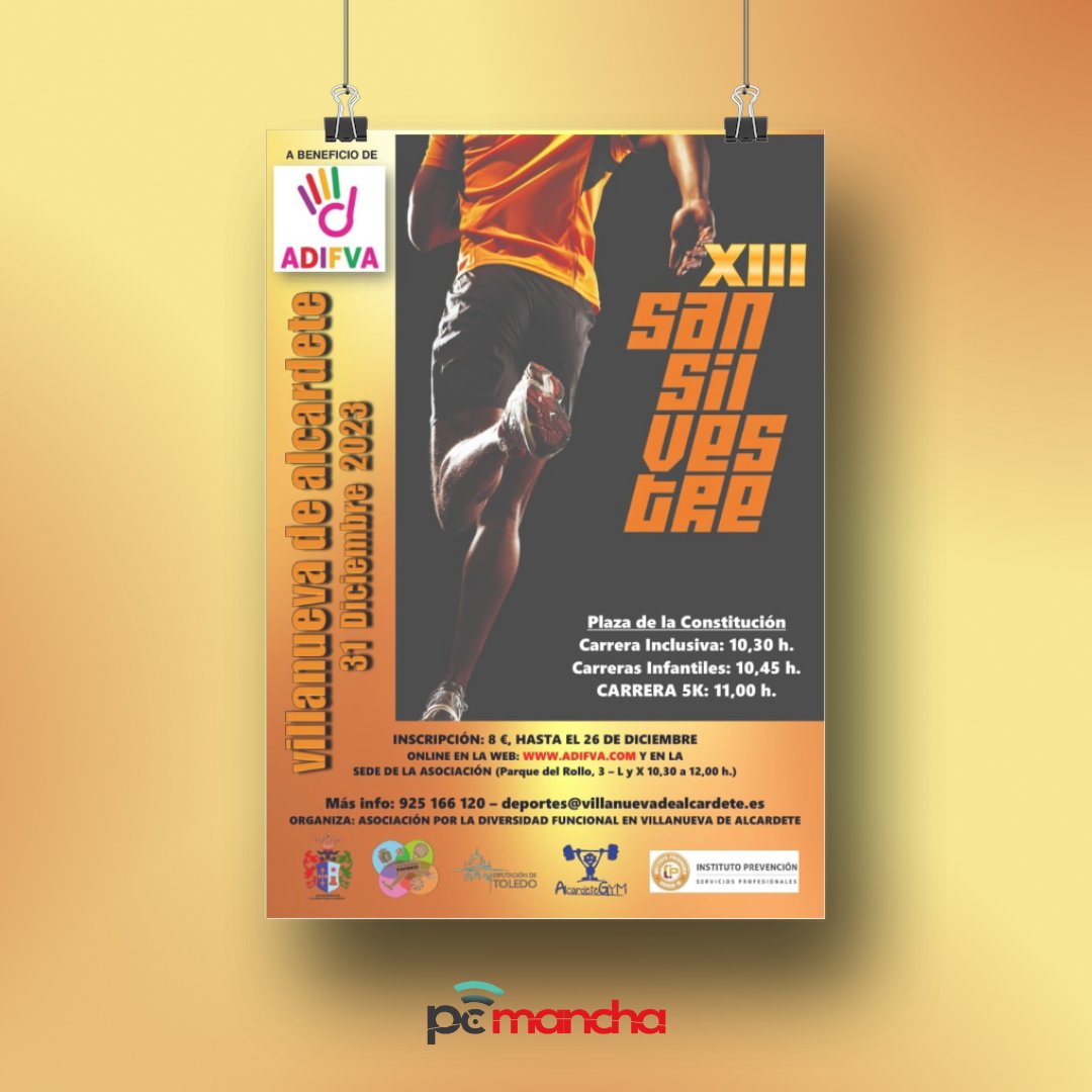 pcmancha_com's tweet image. 🏃🏃 ¡Corre por una buena causa en la #SanSilvestreAlcardeteña2023! 🌟 Apoyamos a ADIFVA en esta iniciativa 💪 .

🗓️ 31 Dic, Villanueva de Alcardete.
👟 Carreras para todos: Inclusiva, Infantiles, General 5K.
🎟️ Inscripciones abiertas. ¡Únete!

#CorrePorLaDiversidad #PCMancha