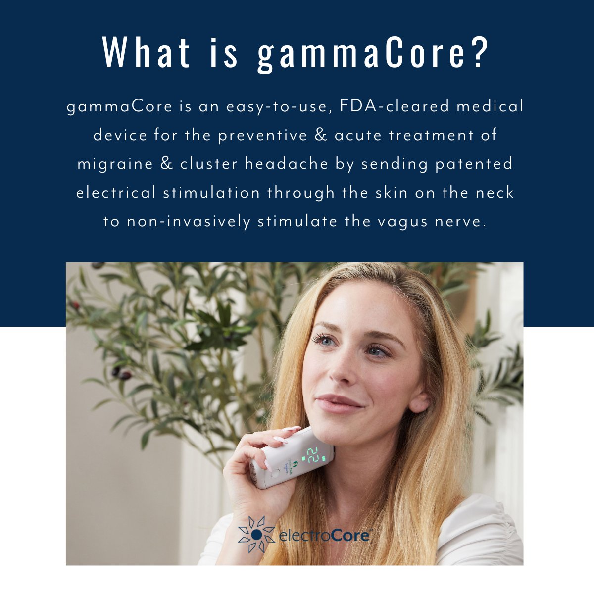 ElectroCoreVNS's tweet photo. With gammaCore, you can offer your patients a safe and effective therapy that can be used both preventively and acutely. Learn more: https://t.co/RyhFdoQDdn
#electroCore #nVNS #Migraine #ClusterHeadache
For Indications and Safety Information: https://t.co/GTYsjakvLV https://t.co/TrSbSn85jR