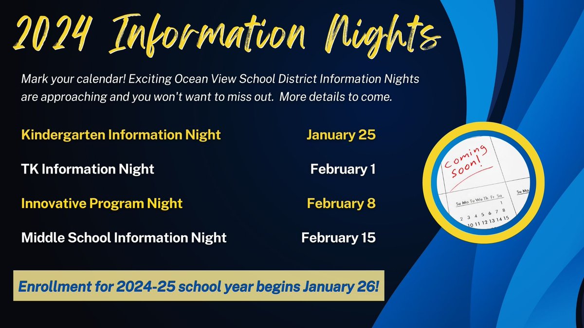 OVSDSupt's tweet image. Explore the possibilities for your child in the Ocean View School District! Save the date: Enrollment for the 2024-25 school year opens on January 26! 
#OVSD #LimitlessPossibilities #STEAMeducation #handsonlearning #EnvironmentalScience #ArtsInEducation