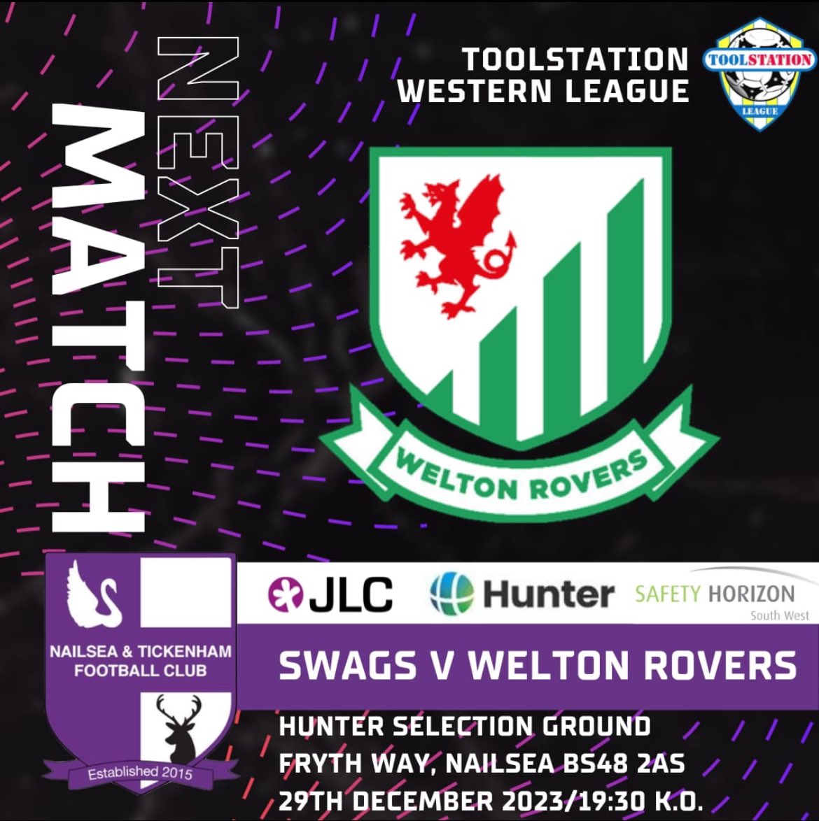 Join us for some Friday night football this week as we host <a href="/WeltonRoversFC/">Welton Rovers 🇳🇬</a> at The <a href="/HunterSelection/">Hunter Selection | B Corp™</a> Ground!

7:30 KO 💜

Bar &amp; Corner Flag Cafe open! 🍺🍽️
#Swags
<a href="/swsportsnews/">South West Sports News</a> <a href="/nailseapeeps/">Nailsea People</a> @TSWesternLeague