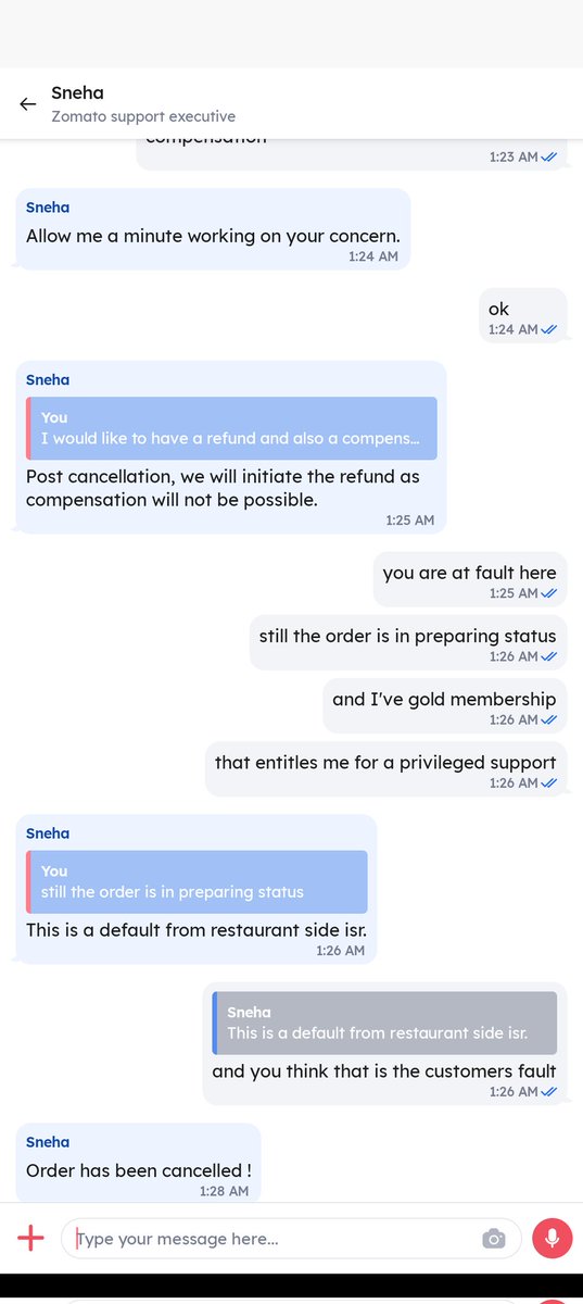 nadeemnaser's tweet photo. @zomatocare @zomato I've ordered food &amp; I've been waiting with the status that the food is being prepared,&amp; upon calling the restaurant tells me that they cannot fulfill the order.still the order is in being prepared status,being a gold membership customer,I must be compensated https://t.co/rC03Ti21nH