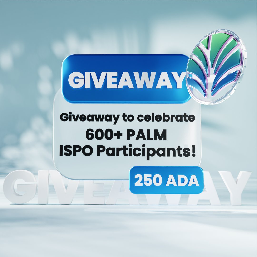 🚨GIVEAWAY ALERT: We've reached 600+ $PALM ISPO participants and we want to say THANK you to the amazing #Cardano community for your support!  

🙌250 $ADA to one lucky winner🙌

To enter:
1⃣ Follow <a href="/palm_token/">Token palm</a>
2⃣ Like &amp; Retweet this post 
3⃣Tag 3 friends

Winner TBA in 48 hours
