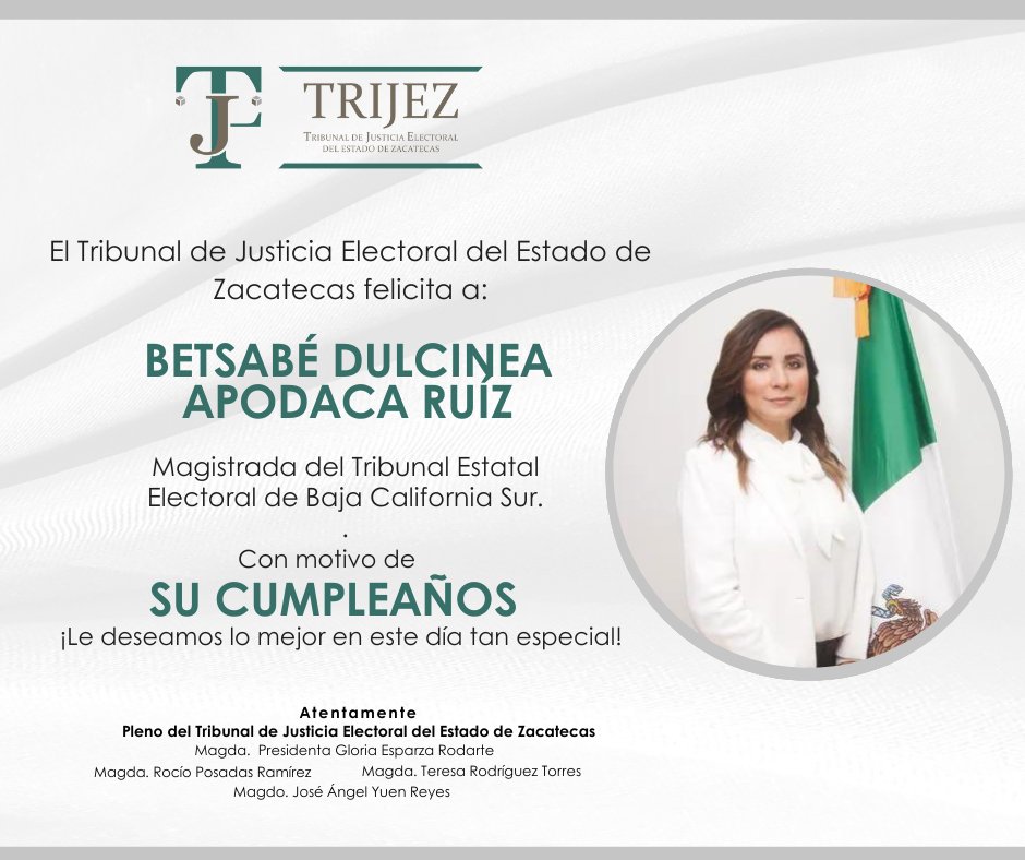 🎂Felicitamos por su cumpleaños a Betsabé Dulcinea Apodaca Ruíz
<a href="/ApodacaDulcinea/">Betsabé Dulcinea Apodaca Ruiz</a>

🎉 Magistrada del Tribunal Estatal Electoral de Baja California Sur
<a href="/TEEBCS/">Tribunal Estatal Electoral BCS</a>
