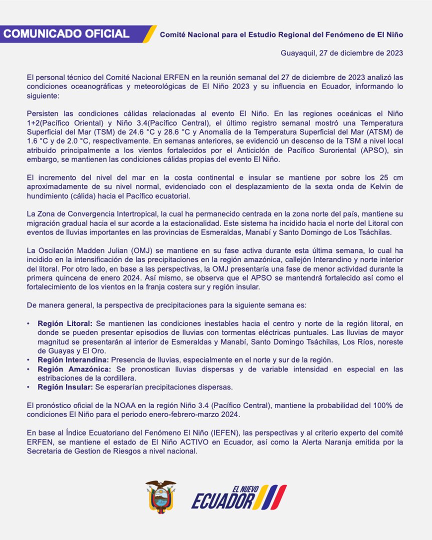 inocarec's tweet photo. El Comité Nacional #Erfen informa que durante la última semana de diciembre se mantienen las condiciones inestables en diferentes regiones del país, por lo que se podrían presentar episodios de #lluvias con tormentas eléctricas puntuales. https://t.co/kt9rbjeqLG