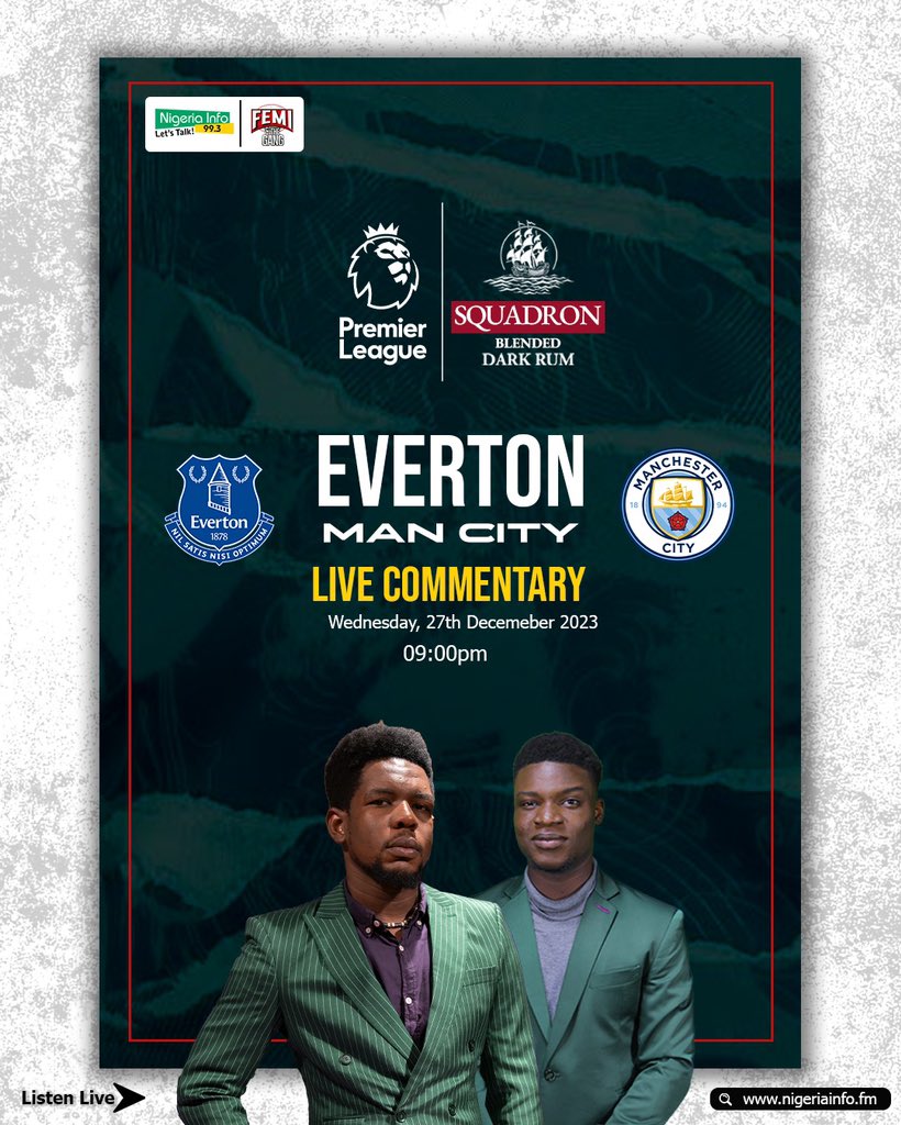 NigeriainfoFM's tweet photo. Manchester City are vying for an eighth consecutive away win against Everton in all competitions. 

What result do you predict tonight?

Listen to LIVE commentaries here: https://t.co/s6cMsI7KRs

🎙️@Hodovss @AmBrownish 

#FATGlive #EVIMCI #TalkSPORTLive

Powered by @SquadronNigeria