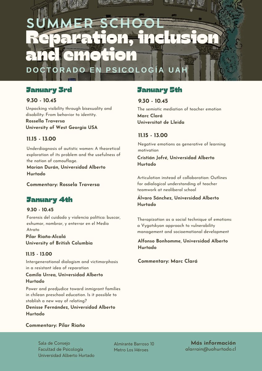 La próxima semana comienza la versión 2024 de nuestra escuela de Verano con la presencia de <a href="/Rossavoid/">Rossella Traversa</a>  <a href="/UnivWestGa/">UWG</a> Pilar Riaño-Alcalá <a href="/UBC/">University of British Columbia</a> <a href="/ubclas/">UBC Lat Am Studies</a> y <a href="/MarcClar3/">Marc Clarà</a> <a href="/UniversitatLlei/">Universitat Lleida</a> 

Revisa el programa y acompáñanos.

+Info: alarrain@uahurtado.cl