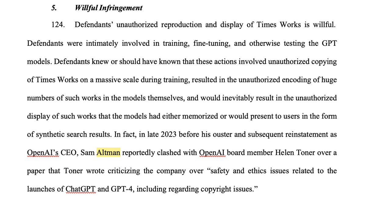 5/ 😈 The complaint paints @OpenAI as profit-driven and closed. It contrasts this with the public good of journalism. This narrative could prove powerful in court, weighing the societal value of copyright against tech innovation. Notably, this balance of good v evil has been at…