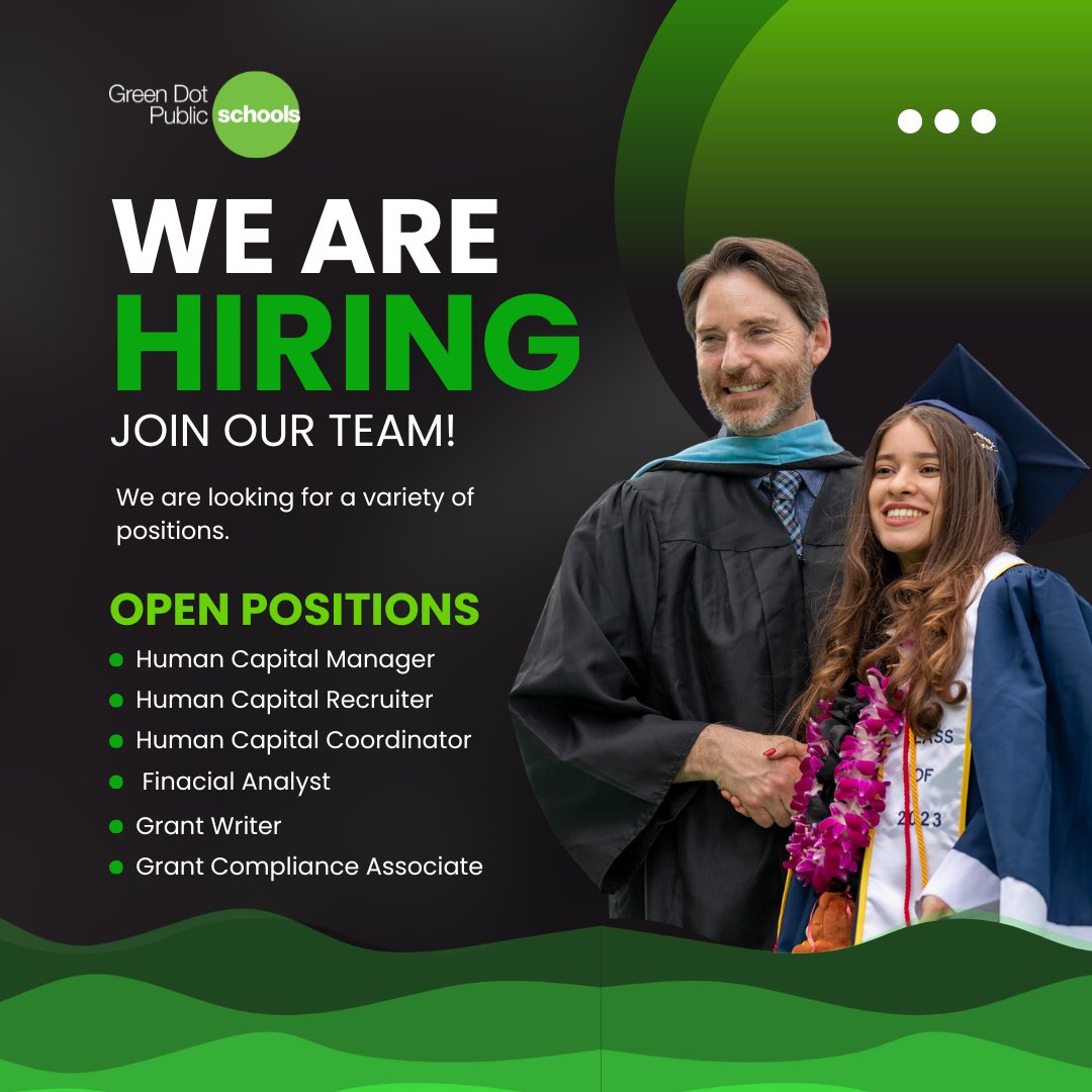 Green Dot Public Schools CA is looking for a variety of positions! We're looking for dynamic and mission-oriented individuals ready to transform public education for all students.

Join our amazing team! #Hiring #Greendotca

Check out our open positions: greendot.wd1.myworkdayjobs.com/CA