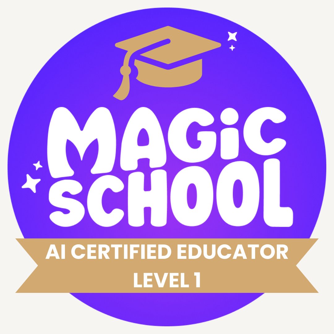 Totally excited to add this #badge to my collection including my @magicschoolai #pioneer badge! This site is pure #magic; cannot wait for #MagicStudent (🤞🏼 to make the waitlist!) #AIClassroom #microcredential #AIteacher