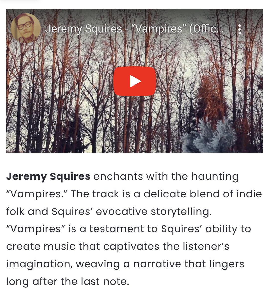 Thank you <a href="/glassefactory/">glasse factory</a>!! 
“The track is a delicate blend of indie folk and Squires’ evocative storytelling. “Vampires” is a testament to Squires’ ability to create music that captivates the listener’s imagination, weaving a narrative that lingers long after the last note.”