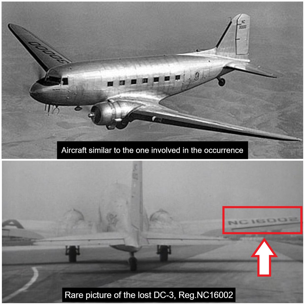 OnDisasters's tweet photo. #OTD in 1948: an Airborne Transport Inc. DC-3 [NC16002] with 32 aboard disappears off Florida (US). Plane was on flight from Puerto Rico to US, had electrical issues before departure. Wreck never found, cause undetermined. Occurrence became linked with “Bermuda Triangle” Myth. https://t.co/5UVmeAtiuR