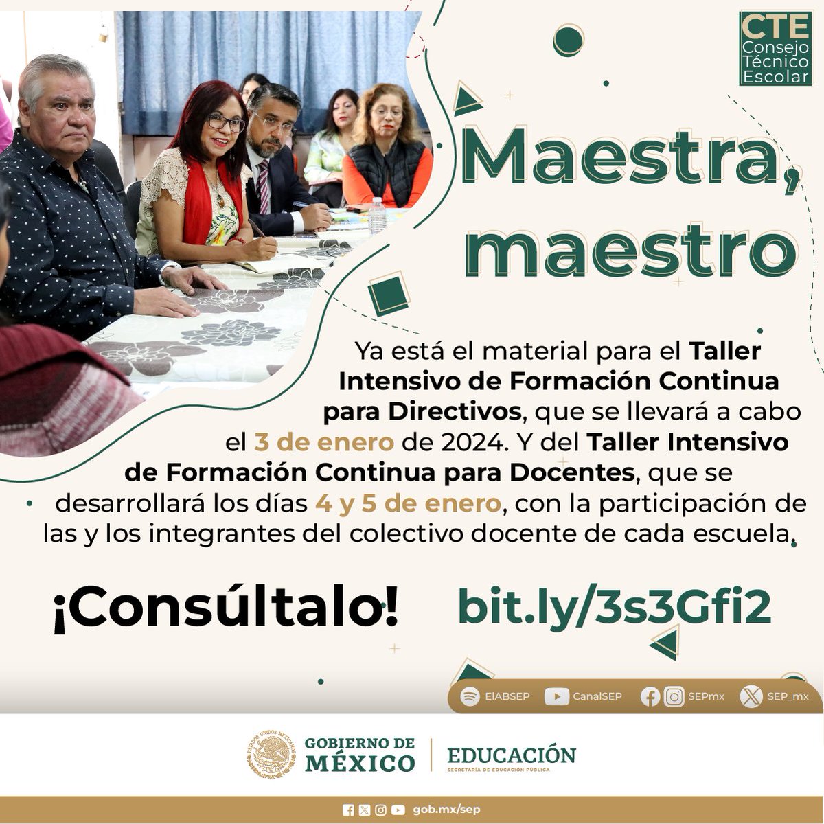 SEP_mx's tweet photo. 🚨 Atención, maestras, maestros y directivos:

Del 3 al 5 de enero de 2024 se realizarán los Talleres Intensivos de Formación Continua. 🏫

👉 Aquí puedes consultar los documentos de Orientaciones: https://t.co/qSha2G3pby https://t.co/xDEN5QBrek
