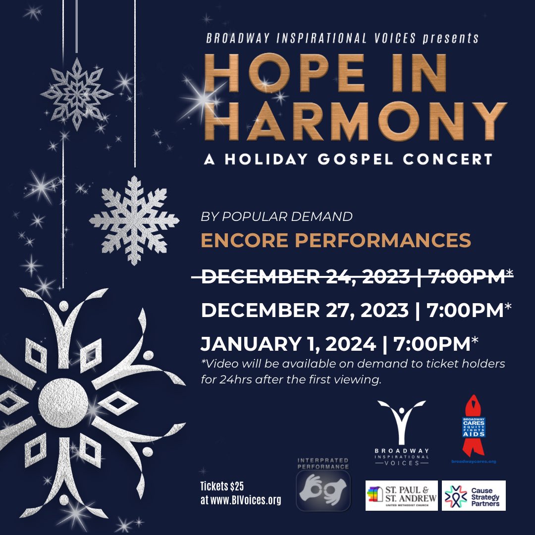 You officially have TWO MORE CHANCES to experience our holiday concert virtually! Will you be tuning in tonight @ 7pm? 💙❄️ #broadwayinspirstionalvoices #holiday #music #choir #virtual #streaming