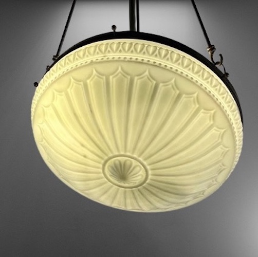 This captivating Milk Glass Inverted Dome Ceiling Light is from circa 1915. Crafted with frosted embossed milk glass, this antique treasure features 3 porcelain sockets that emit a warm and inviting glow.genuineantiquelighting.net/pc/JI1/3375d/A…