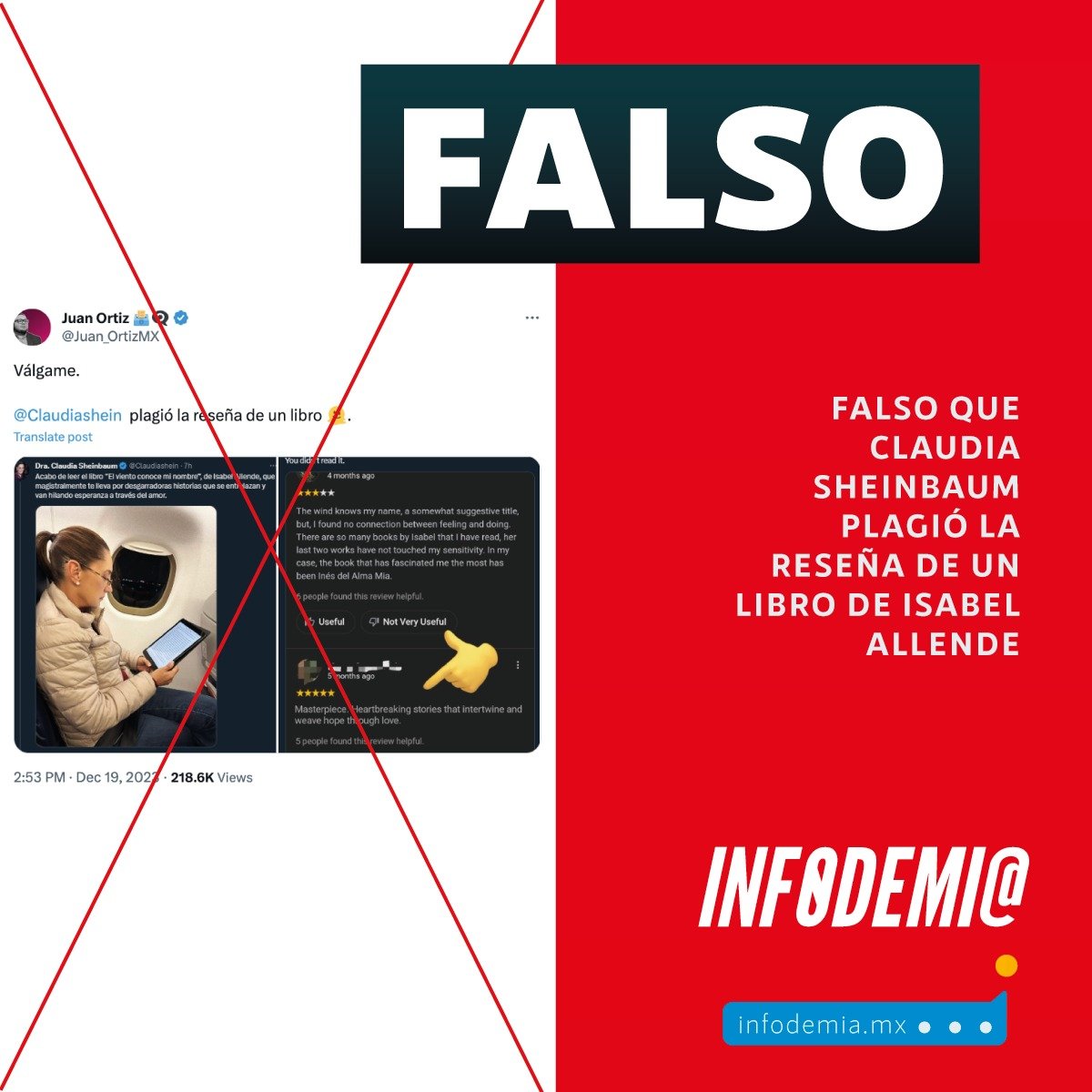 infodemiaMex's tweet photo. ❌Falso que @Claudiashein plagió la reseña de un libro de Isabel Allende
✅La captura de pantalla que señala que Sheinbaum plagió la reseña de un libro de #IsabelAllende en inglés fue #alterada
👉https://t.co/wwZn15oWt3 https://t.co/UYwMZv7dKc