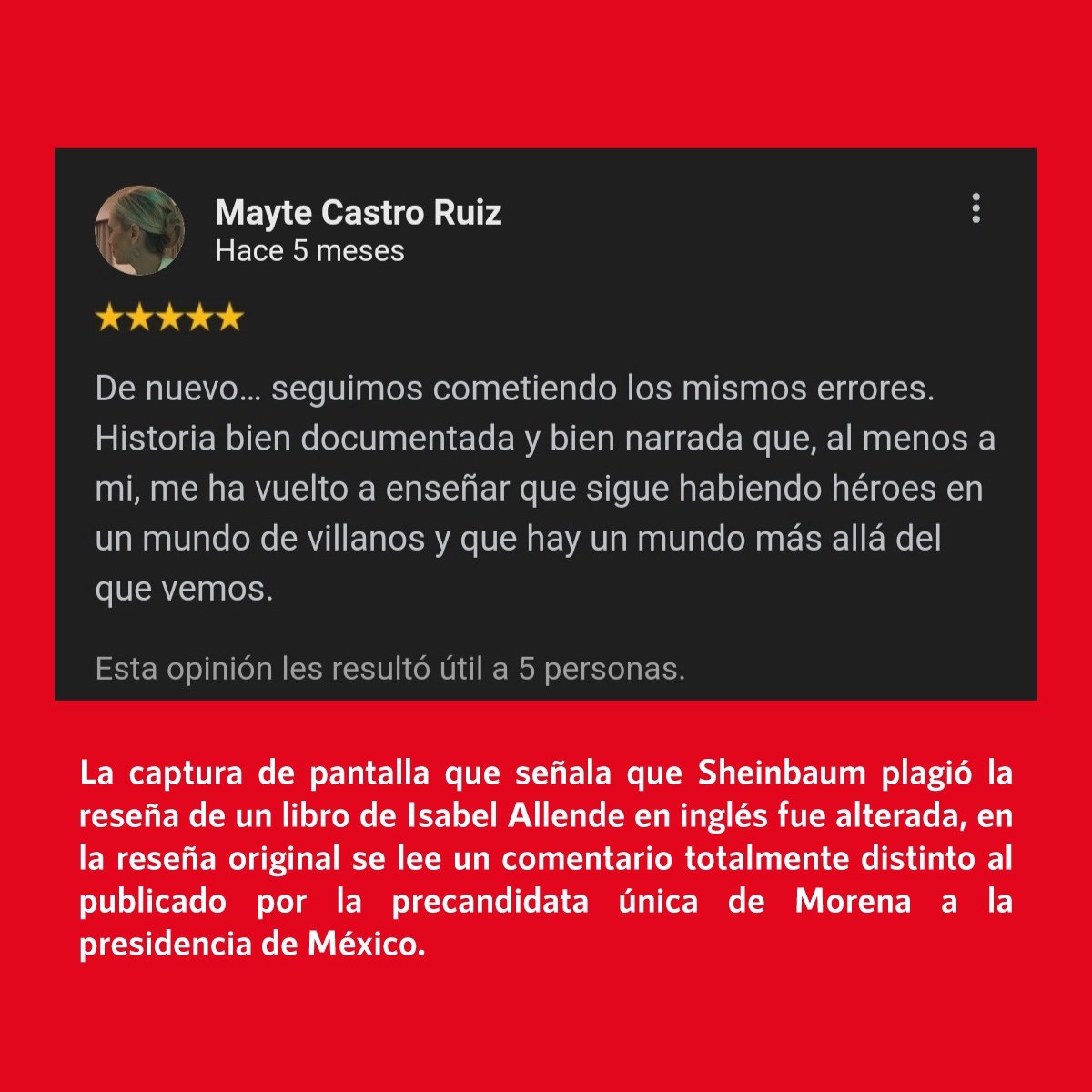 infodemiaMex's tweet photo. ❌Falso que @Claudiashein plagió la reseña de un libro de Isabel Allende
✅La captura de pantalla que señala que Sheinbaum plagió la reseña de un libro de #IsabelAllende en inglés fue #alterada
👉https://t.co/wwZn15oWt3 https://t.co/UYwMZv7dKc