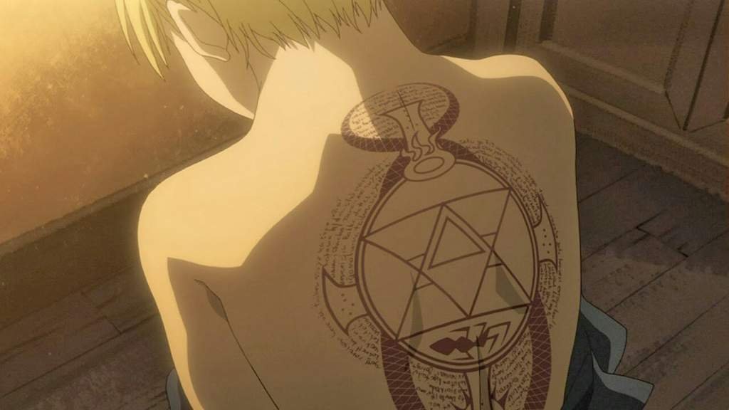 Fullmetal Alchemist on X: "Riza Hawkeye, a devoted member of the military, bears a cursed tattoo on her back. Her father, a mentor to Roy Mustang, taught him flame alchemy, and entrusted