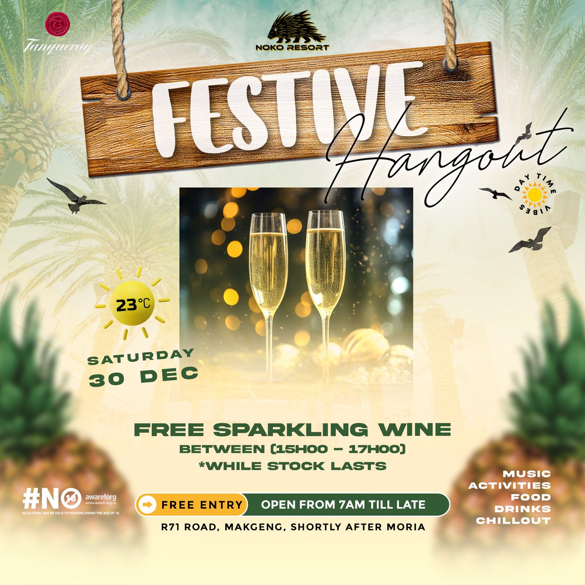 nokoresort's tweet photo. This Saturday - enjoy FREE sparkling wine between 15h00 - 17h00 with a 5 hour set from Bhuts Tunz
*Sparkling wine available while stock lasts*
Bush Summer Hangouts @nokoresort
#BestBushHangout
#DayTimeVibes ☀️
#FetaKamoNoko
#BushExperience
#ThatNokoFeeling https://t.co/bnI9pWJyHs