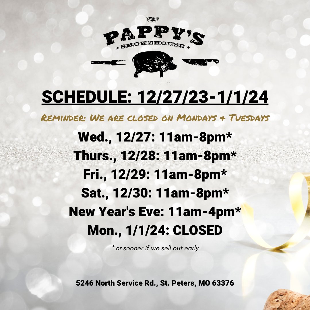 This week's schedule ⤵️

We are HERE and looking forward to serving up some Pappy's to you and your crew! 🔥🐖😋

#pappysstpeters #pappyssmokehouse #celebrate #lunch #dinner #bbq #barbecue #meat #food #bbqlife #bbqfoodie #ribs #porkribs #stpeters #stcharleseats