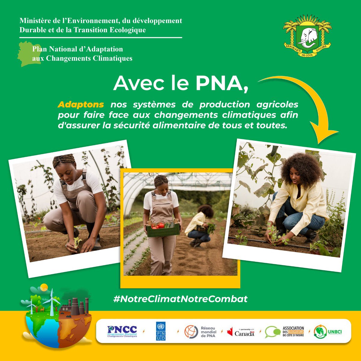 Avec le PNA,
Adaptons nos systèmes de production agricoles pour faire face aux changements climatiques afin d'assurer la sécurité alimentaire de tous et toutes.

#GoUNBCI #NotreclimatNotreCombat #PNACôtedIvoire
<a href="/PnccCi/">PNCC - Programme National Changements Climatiques</a>