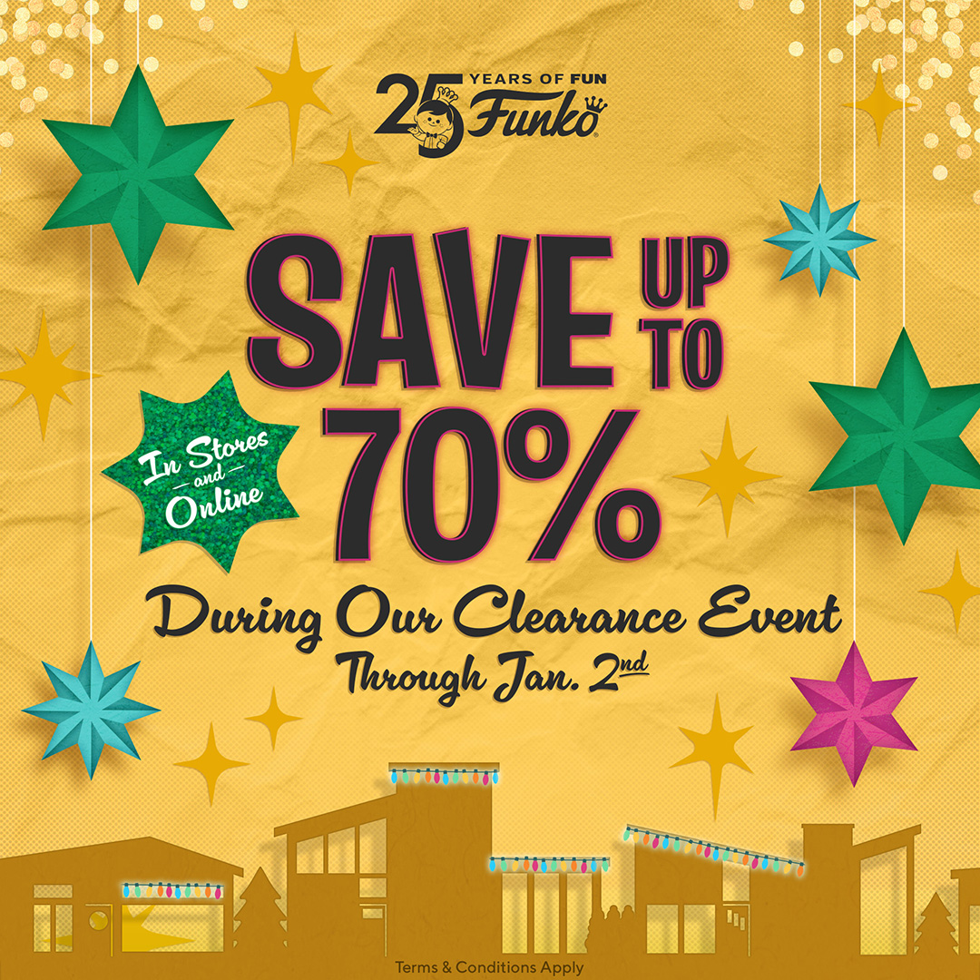 OriginalFunko's tweet photo. New year, new shelf! Make room for more fun with our clearance event. Take up to 70% off select items through 1/2/2024. Shop now. https://t.co/3wNvZ7oVYm  #FunkoSale https://t.co/CBMDypVQUn