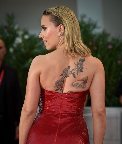 navy blue dress for baby girl Scarlett Johansson shows off back tattoos on TIFF 2025 red carpet