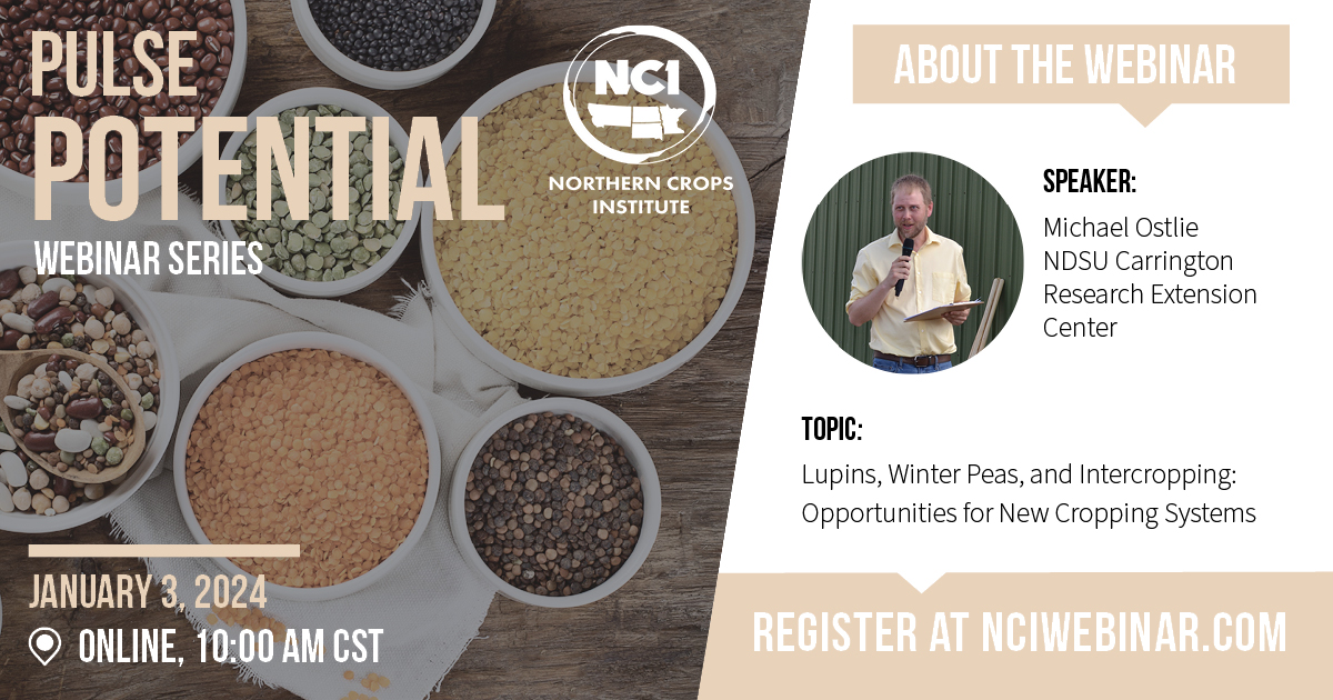 NCI_NDSU's tweet photo. Join us next Wednesday for the first webinar in our newest series, Pulse Potential, sponsored by @NPGA1. This webinar will feature Mike Ostlie, Director of the NDSU Carrington Research Extension Center. Register now using the link below:

https://t.co/wOFhRj62ML https://t.co/JnWIYNsa5n