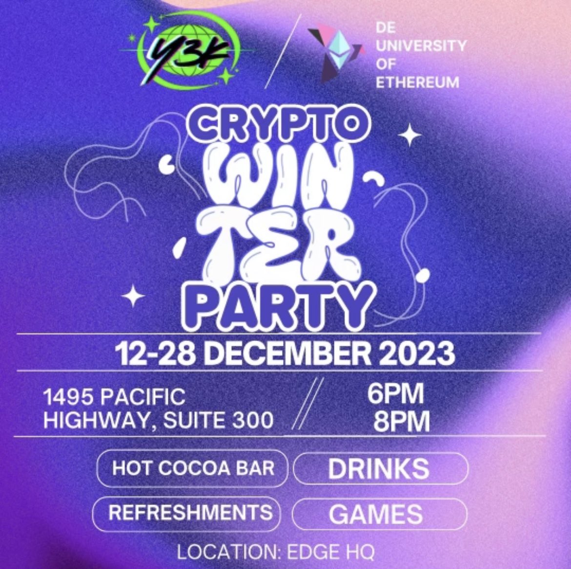 So excited to host this new monthly meetup series in collaboration with <a href="/deUETH/">De University of Ethereum</a> &amp; <a href="/y3kquest/">Y3K</a>! Join us at <a href="/EdgeWallet/">Edge</a> tomorrow as we celebrate an end to this crypto winter. 🪩☃️ 
❄️ Itinerary &amp; RSVP: lu.ma/cryptowinter