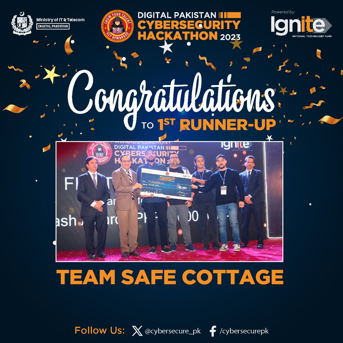 cybersecure_pk's tweet image. 🎉 Team SAFE COTTAGE, 1st Runner Up at #DigitalPakistan #CybersecurityHackathon2023! 🥈💰They secure 1 Million Rupees, Intl. Training Coupons, and Sponsorships. Thanks to all contributors and the Chief Guest Dr. Umar Saif, Federal Minister IT &amp;amp; Telecom. 🏆🌍 #Hackathon2023