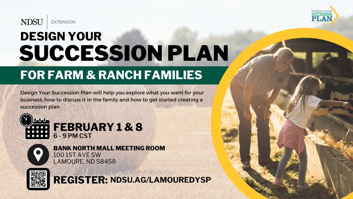 MelissaExtANR's tweet photo. Another great NDSU Extension program is being offered in LaMoure this winter! This program is fantastic and will help you successfully get started with your farm family succession planning! Contact your local office if you have questions about the program. https://t.co/cuduBUoycM