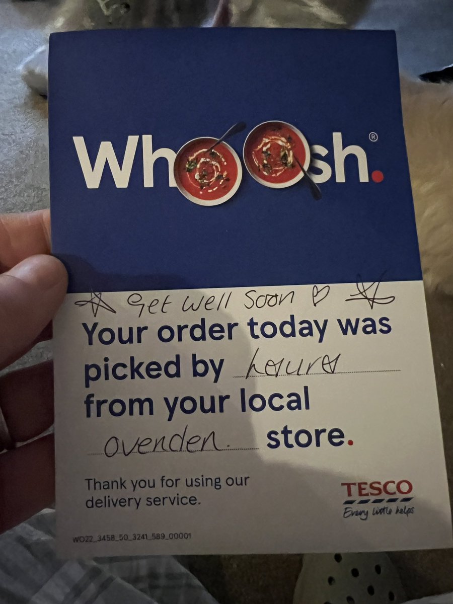 Chipcheckchops's tweet image. Where every little really does help 
I sent my @Tesco  order to the #ovenden branch with all the things I needed to help me with a virus I had caught. 
Delivered on time, as normal and the person that had picked the order wrote a little note on the top. Thank you @HXCourier