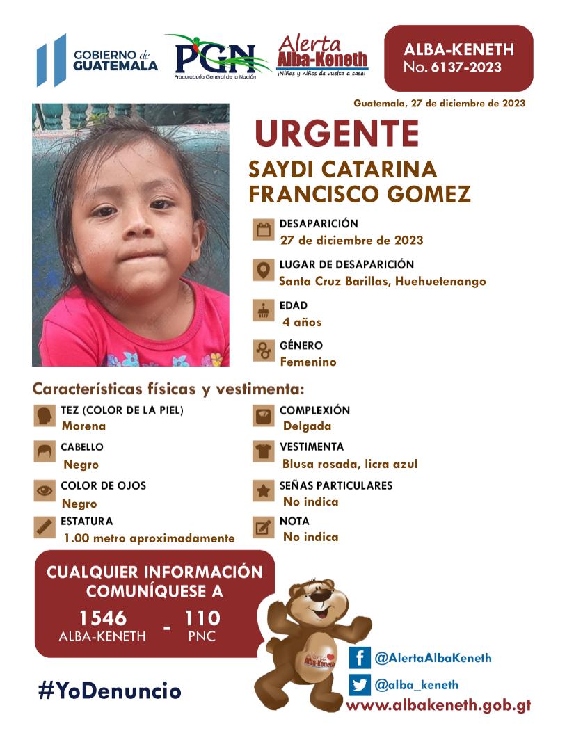 alba_keneth's tweet photo. #AlertaAlbaKeneth ⚠️| Saydi Catarina Francisco Gomez, de 04 años de edad. Desapareció el 27 de diciembre de 2023, en Santa Cruz Barillas, Huehuetenango.

🔄Comparte y ayúdanos con su localización.
📞Si tienes información llama al 1546. https://t.co/8WSX1TwGIu