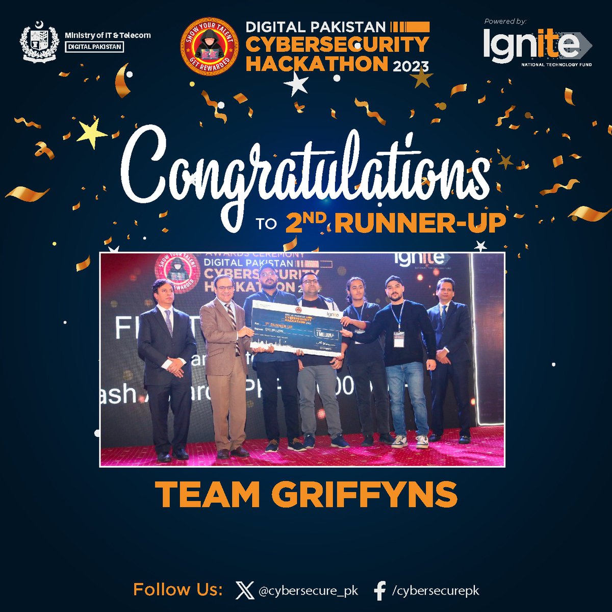 cybersecure_pk's tweet image. 👏 A round of applause for Team GRIFFYNS, 2nd Runner Up at #DigitalPakistan #CybersecurityHackathon2023 Grand Finale! 🥉💰 Securing Cash Prize of Rs. 500,000! 💸 Intl. Training Coupons and Sponsorships🌐✈️Special thanks to the Chief Guest, Dr. Umar Saif, Minister IT &amp;amp; Telecom. 🎉