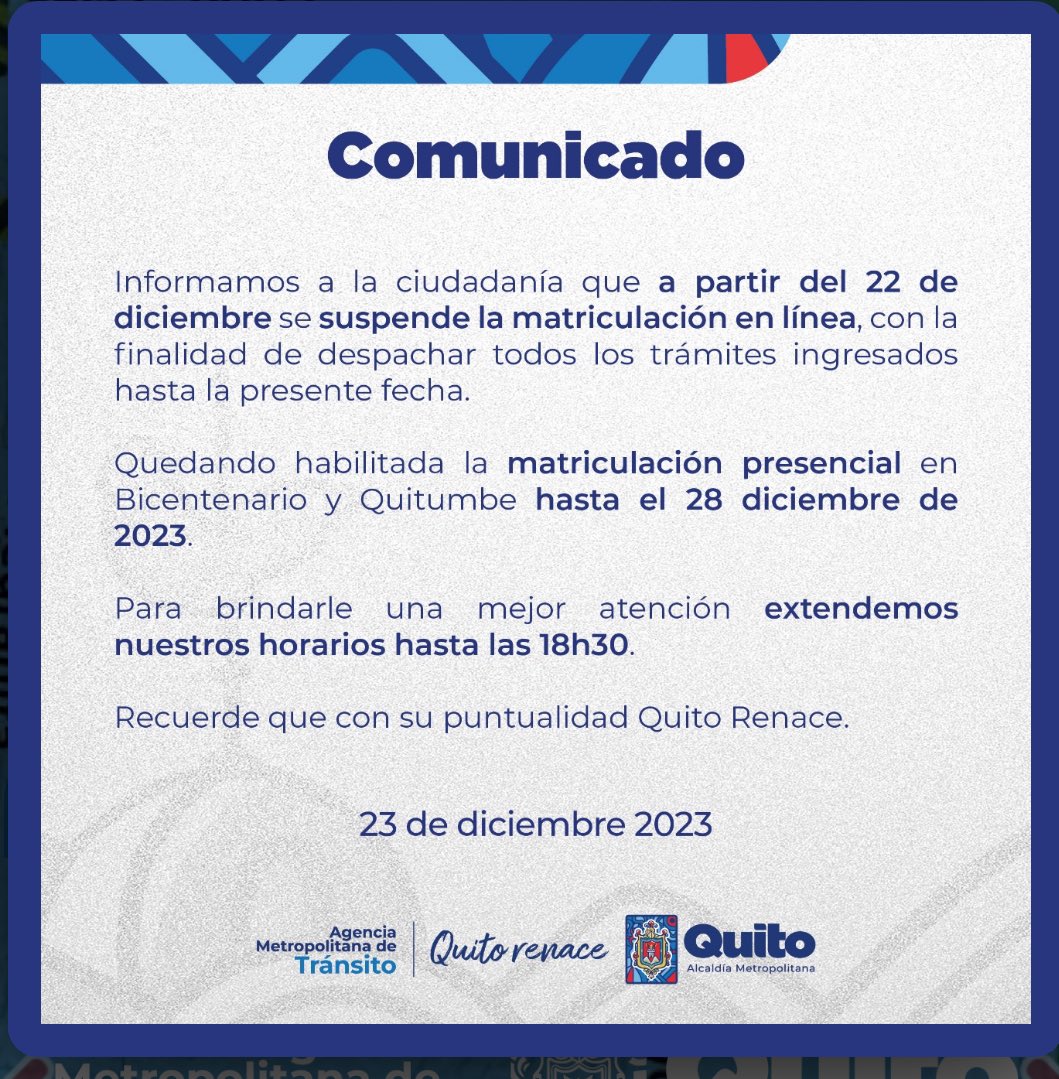 gabocueva's tweet photo. Hey @AMT_Quito porque mienten a los usuarios indicando que atenderán para matriculación hasta las 18h30? Son las 16h30 y ya no hay turnos en el centro Bicentenario https://t.co/fp7Wx4c0Kj