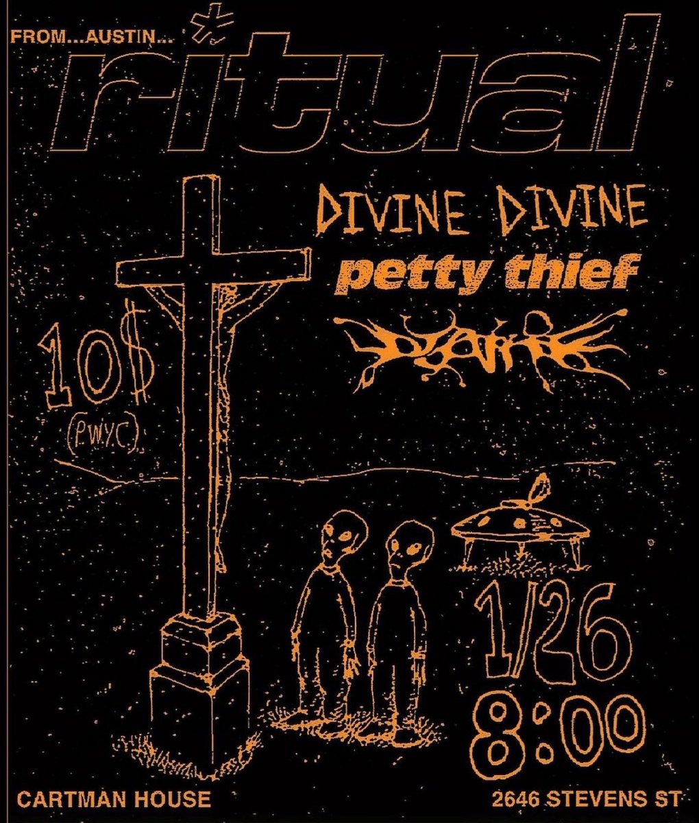 pettythieftx's tweet photo. INSANE GIG ON JAN 26 W/ @ritual_alt, @DivineDivineTx @ CARTMAN HOUSE 

REAL ROCK TYPE SHIT 
REAL ALT VIBE
📸: @dylandistance https://t.co/8HBKtNcozw