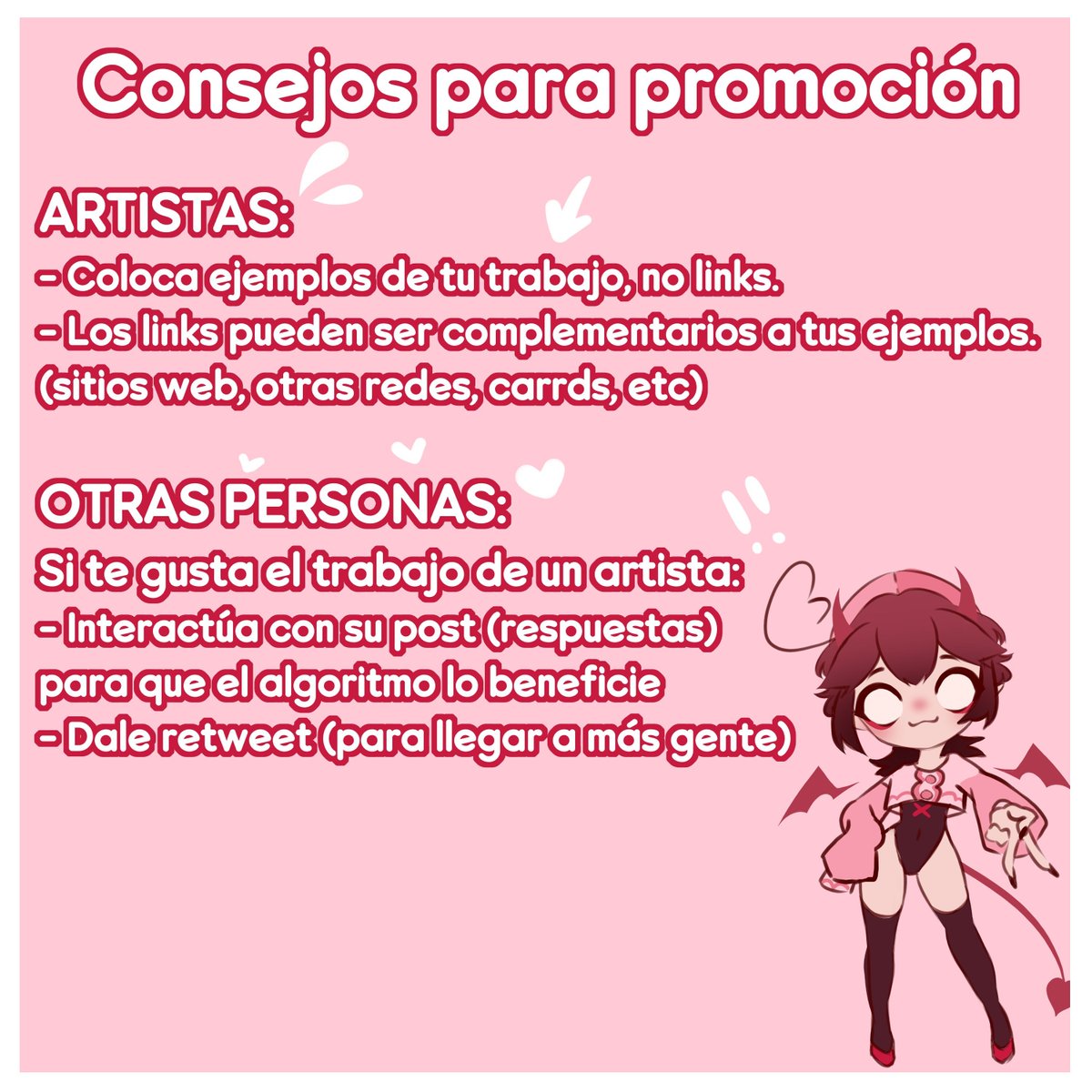 POST DE PROMOCION MENSUAL ✨ ARTISTAS: dejen ej. de sus comisiones en este post! Voy a estar dando RT a aquellos que tengan comis de emergencia o que necesiten conseguir trabajo urgente 🤍 Además, les dejo algunos consejos para que su trabajo tenga el mayor alcance posible!