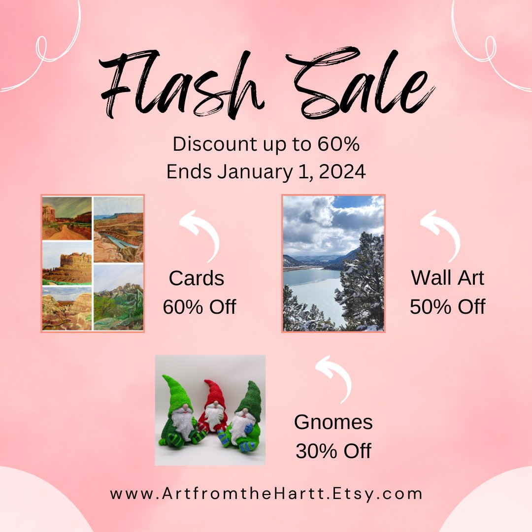 Flash Sale at my Etsy Shop! End of year clearance!!! Up to 60% off on select items. Sale ends January 1, 2024! #greetingcards #notecards #handmadecards #wallartsale #originalpaintings #signedphoto #gnomes #flashsale #etsyflashsale #endofyearsale #madeincolorado